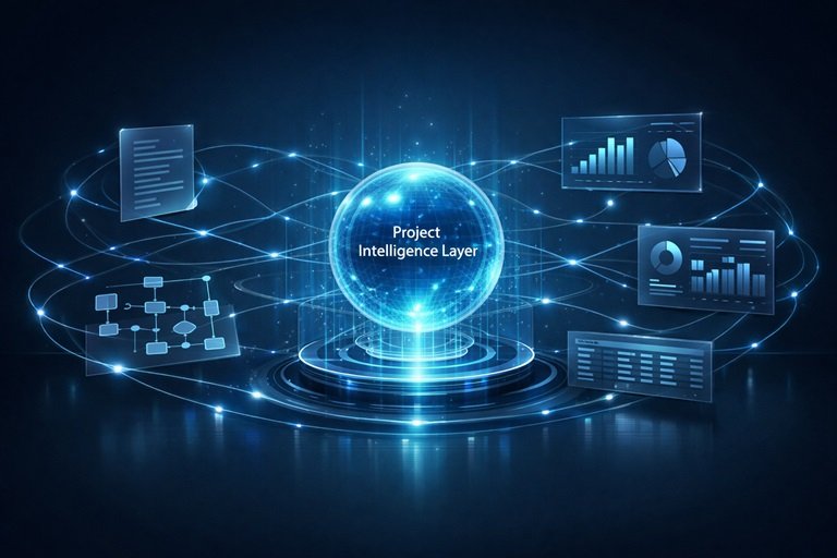 Visual representation of the ET Intelligence Layer, integrating business intelligence, workflow automation, AI scoring, and market analysis.